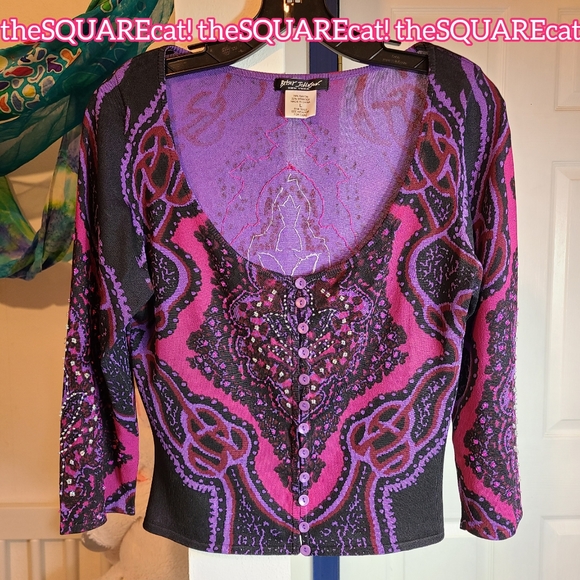 90s ๐ Betsey Johnson psychedelic funky button down 3/4 sleeves beaded cardigan! - Picture 4 of 12